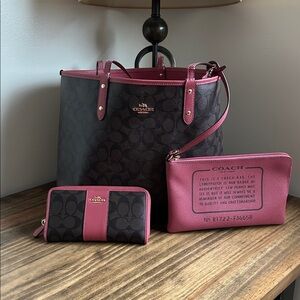 Coach Pink and Brown Signature Reversible Tote with makeup bag and large wallet